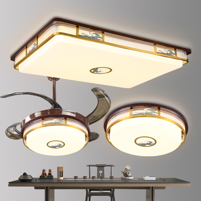 新中式实木客厅灯吸顶灯led大厅灯长方形木艺仿古中国风灯具铜木