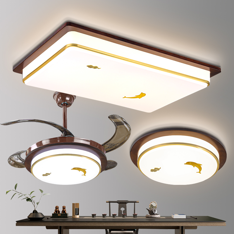 曦毅2024新中式吸顶灯铜加海棠木长方形客厅灯中国风家用餐厅