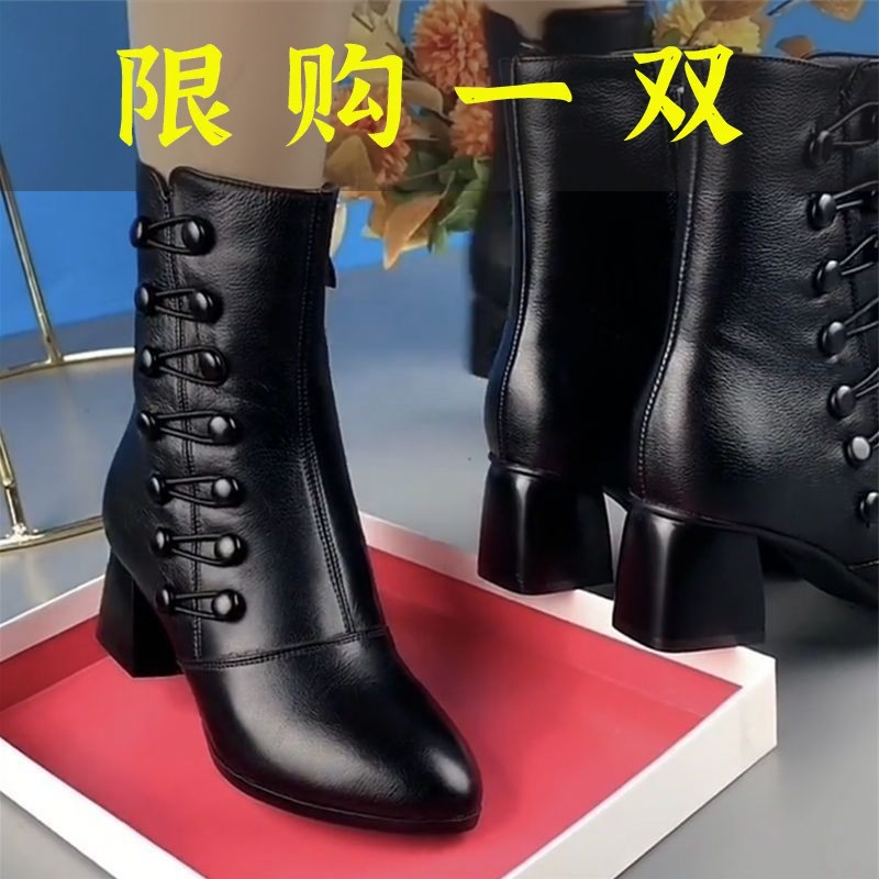 正品名牌高跟短靴女粗跟细跟2022秋冬新款真皮加绒中筒时尚侧面