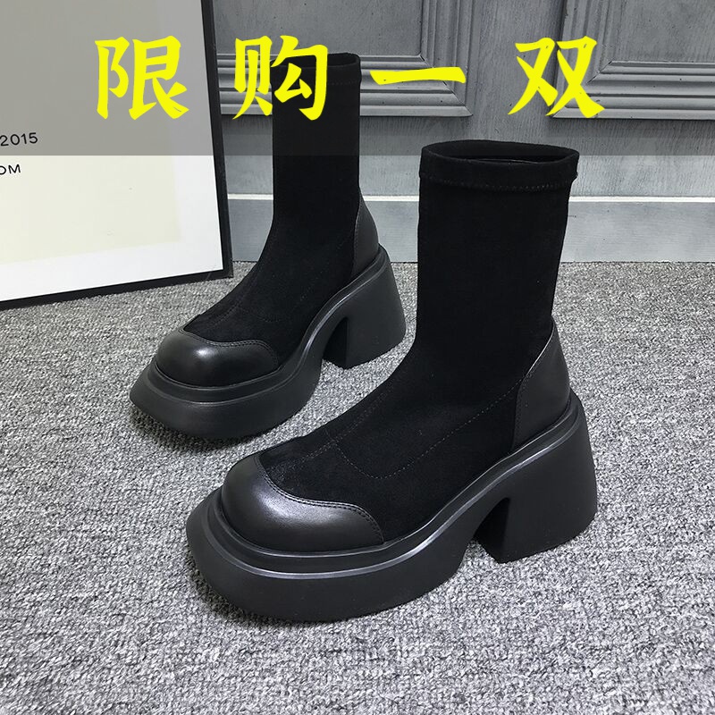 正品名牌2023秋冬厚底增高弹力靴女百搭休闲瘦瘦靴复古粗跟短靴