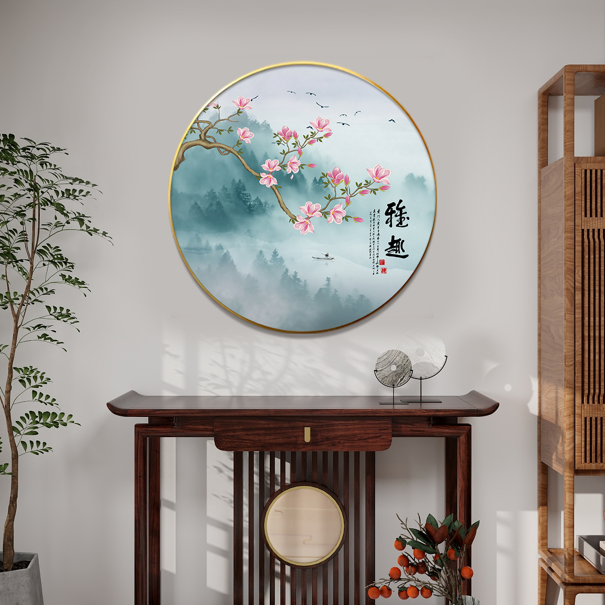 【高质】新中式花鸟入户玄关圆形装饰画玉兰花鸟客厅茶室餐厅过道画