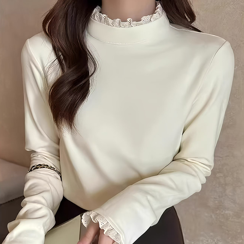 新款秋冬新款内搭保暖德绒打底衫女洋气蕾丝花边半高领长袖t恤女