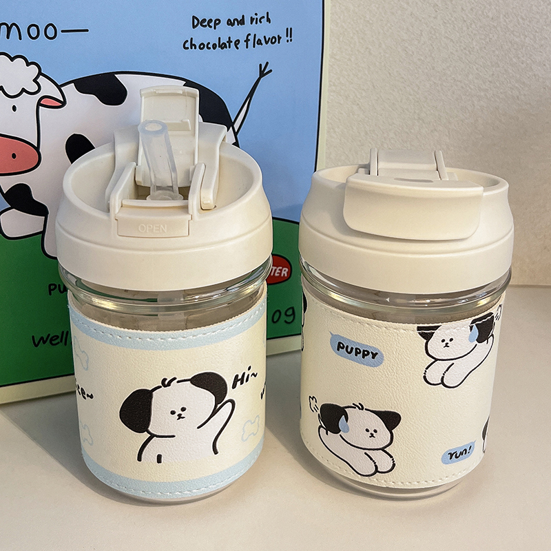 水杯女生高颜值杯子女便携玻璃杯双饮口吸管杯可爱ins咖啡杯新款