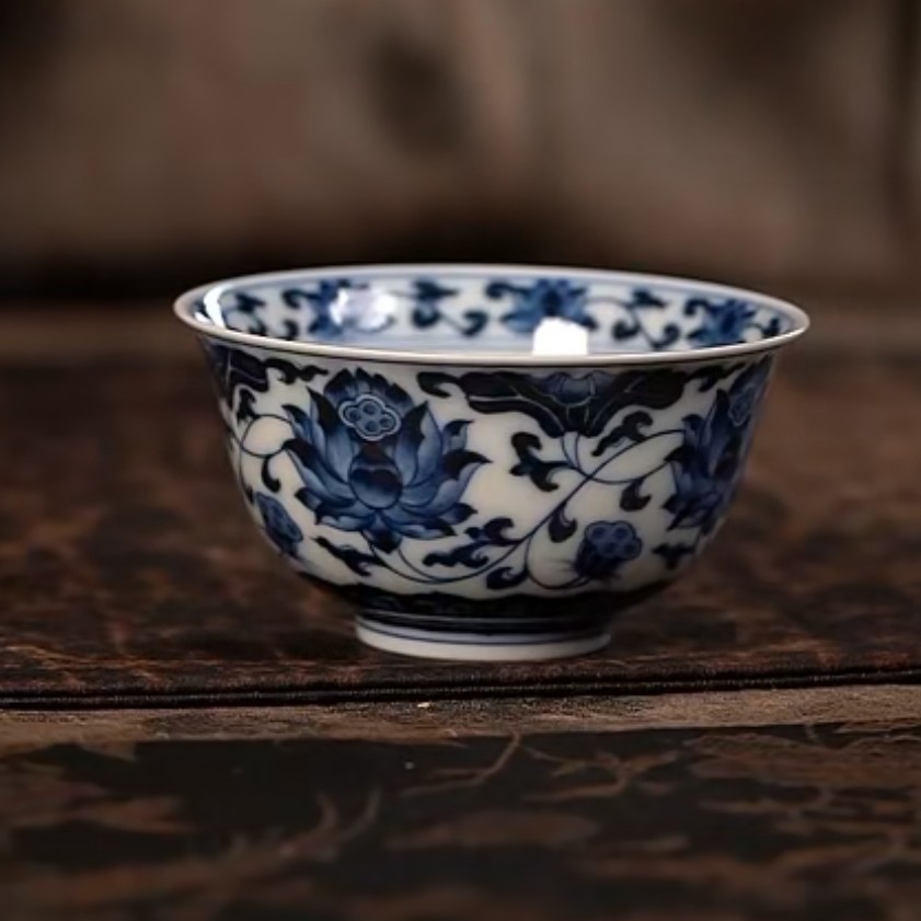 【品遗敬仁】洪印慕明青花缠枝金刚莲撇口杯90cc