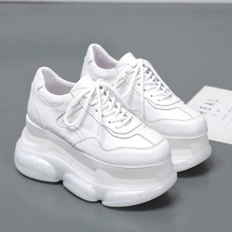 欧洲站2025早秋真皮厚底休闲鞋女老爹鞋果冻透明增高小白鞋松糕鞋