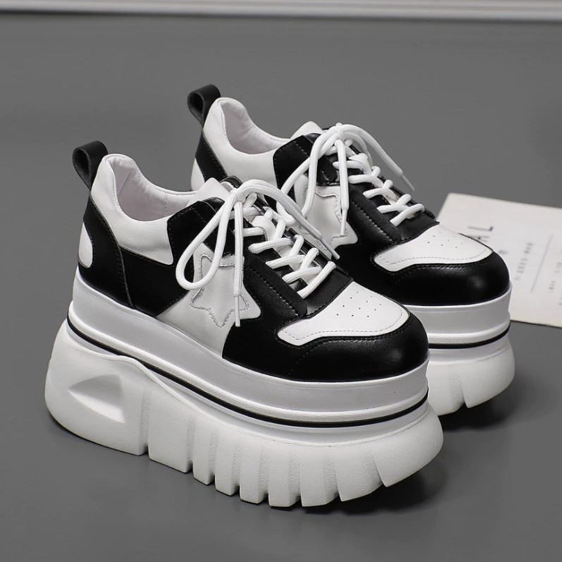 原创设计2025春季新款真皮松糕鞋女休闲厚底女鞋拼色增高11cm单鞋