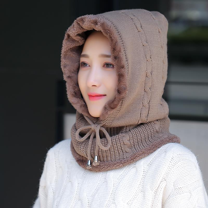 帽子女秋冬韩版骑车护脖加绒加厚保暖加大百搭防风防寒针织连体帽