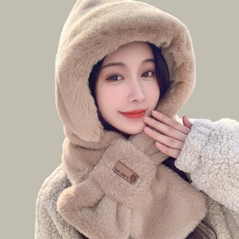 围巾帽子一体秋冬季保暖毛绒加厚仿兔毛可爱护耳帽子2023年爆款女