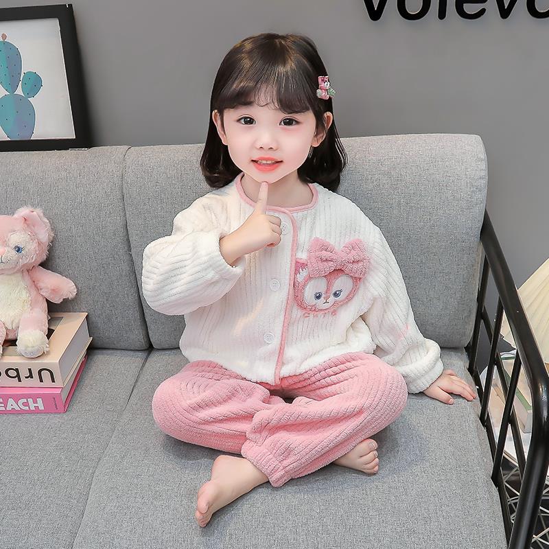 儿童法兰绒睡衣冬季新款女童薄绒女宝宝小童秋冬珊瑚绒家居服套装