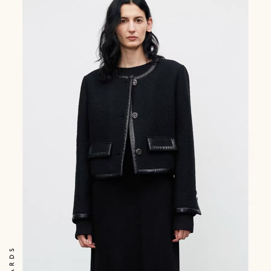 【ROOMCARDS 设计师品牌】CLV概念店 黑色皮革拼接短外套小香风气质
