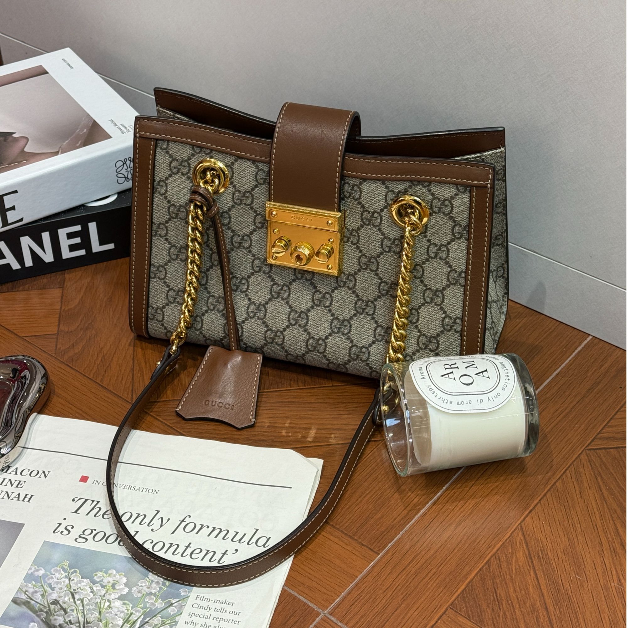 99新 GUCCI/古驰 padlock tote 小号帆布拼皮 单肩包腋下包托特包