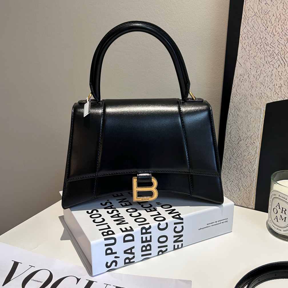 99新 Balenciaga/巴黎世家 沙漏包黑色金扣S光面牛皮可调节肩带