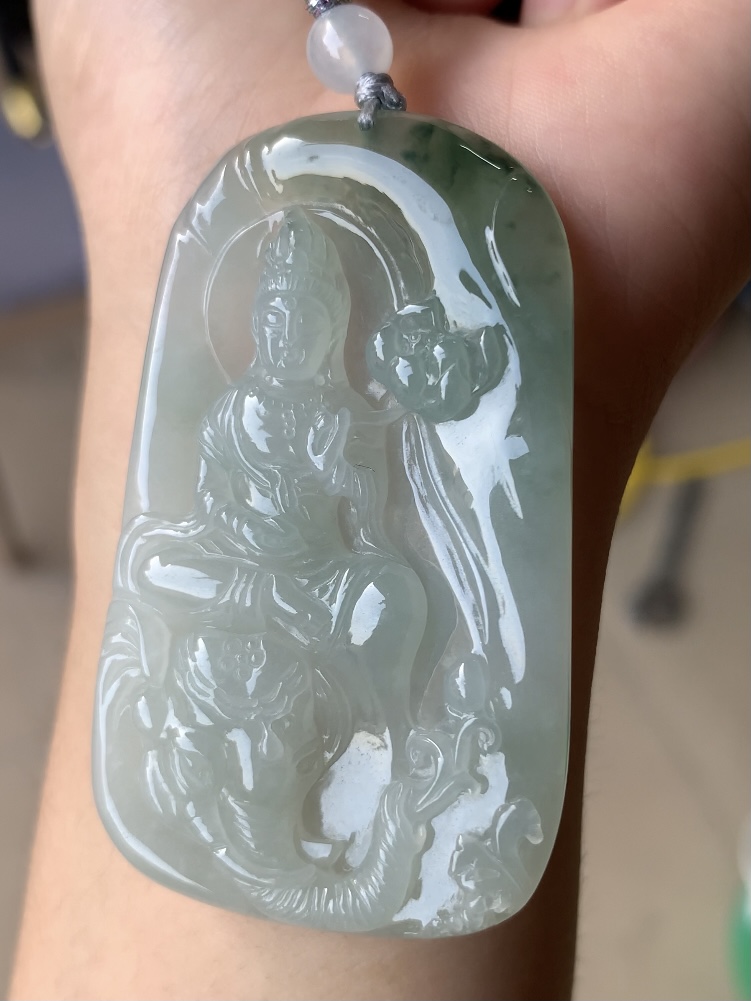 自然光天然缅甸翡翠冰种普贤菩萨成品（尺寸：58*35*6.4）