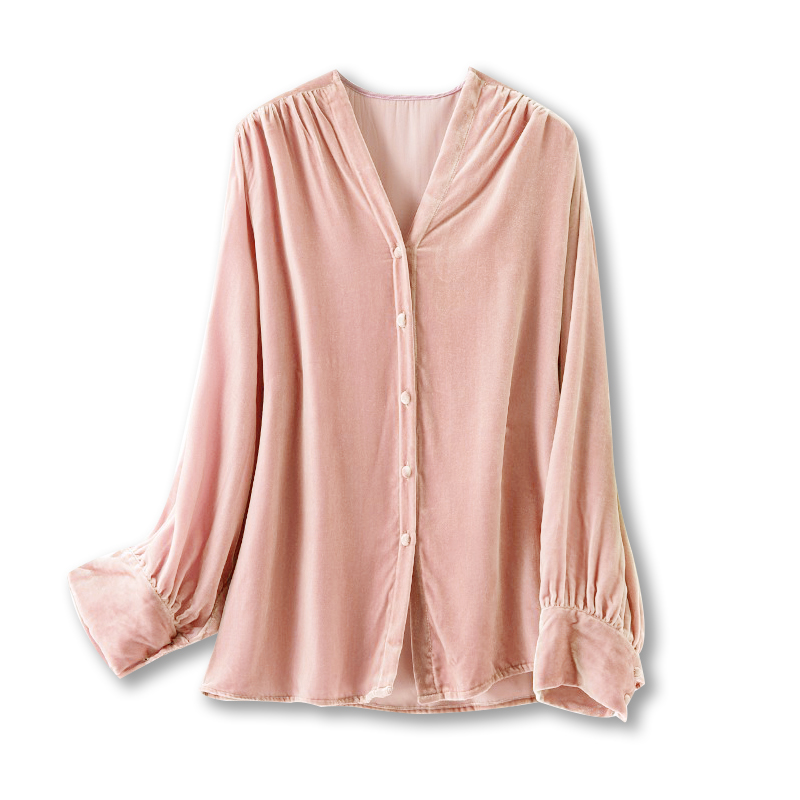 新款气质真丝丝绒衬衫女长袖宽松显瘦v领衬衣桑蚕丝开衫上衣百搭