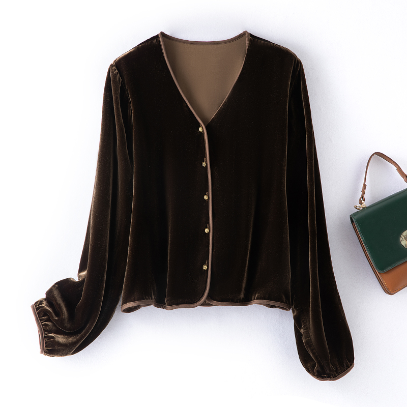 新款小香风真丝丝绒衬衫女v领宽松显瘦百搭上衣桑蚕丝短外套开衫