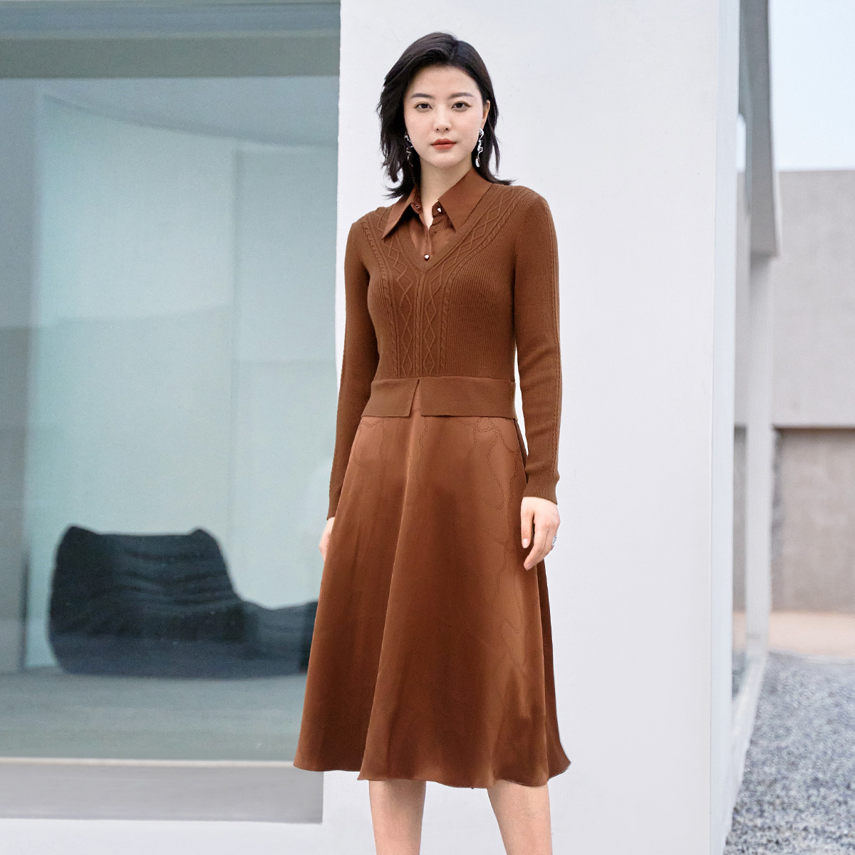 歌蒂诗秋季专柜新款收腰显瘦减龄假两件针织连衣裙8C32L3558