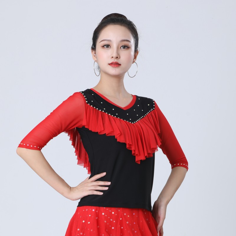 【曼舞初曦】广场舞服装上衣水晶麻荷叶边烫钻V领网纱中袖舞蹈服