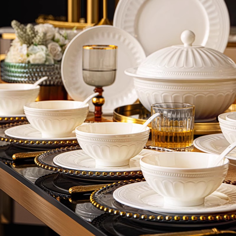 罗马60头景德镇釉下彩纯色餐具套装高白泥高档奢华送礼家用碗碟盘