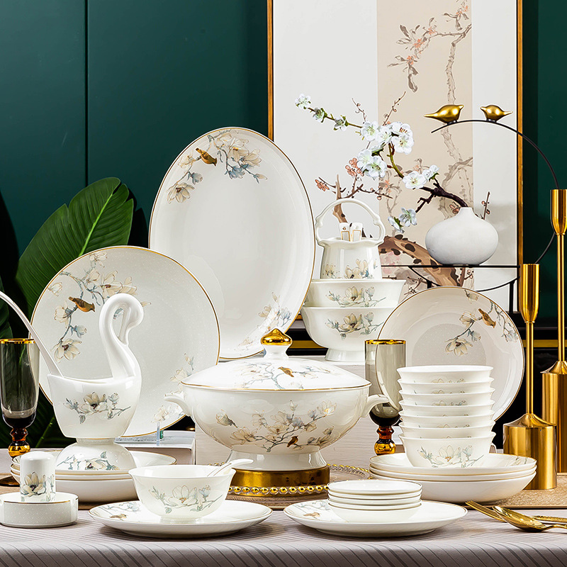 繁华似锦60件景德镇骨质瓷餐具碗碟盘组合装套装乔迁新居家用送礼