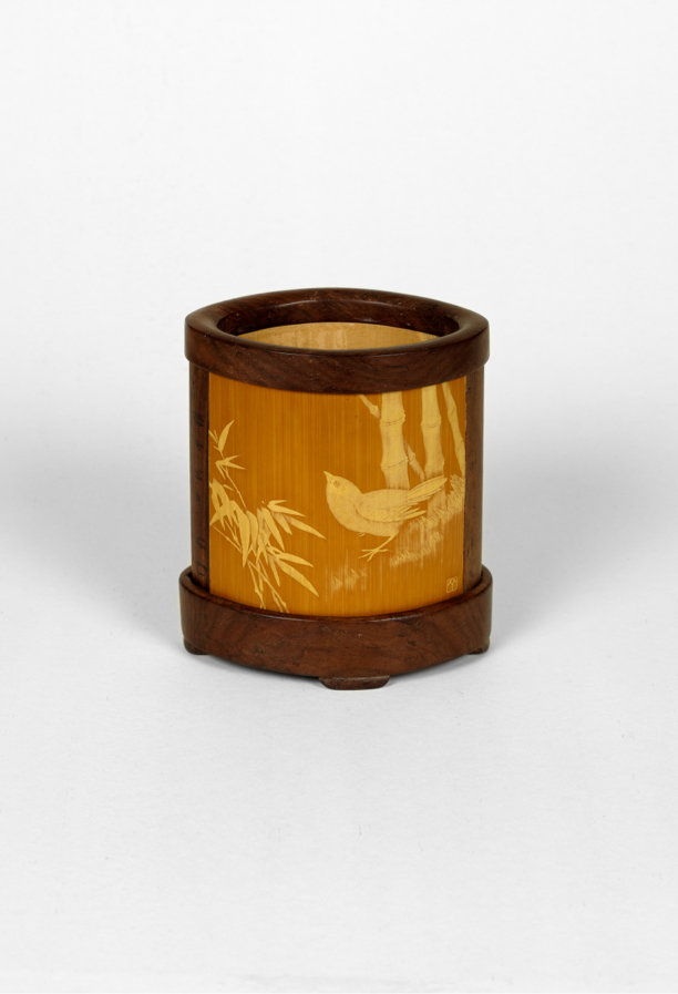 常州留青竹刻/花鸟笔筒（作者：徐敏）/红木镶嵌