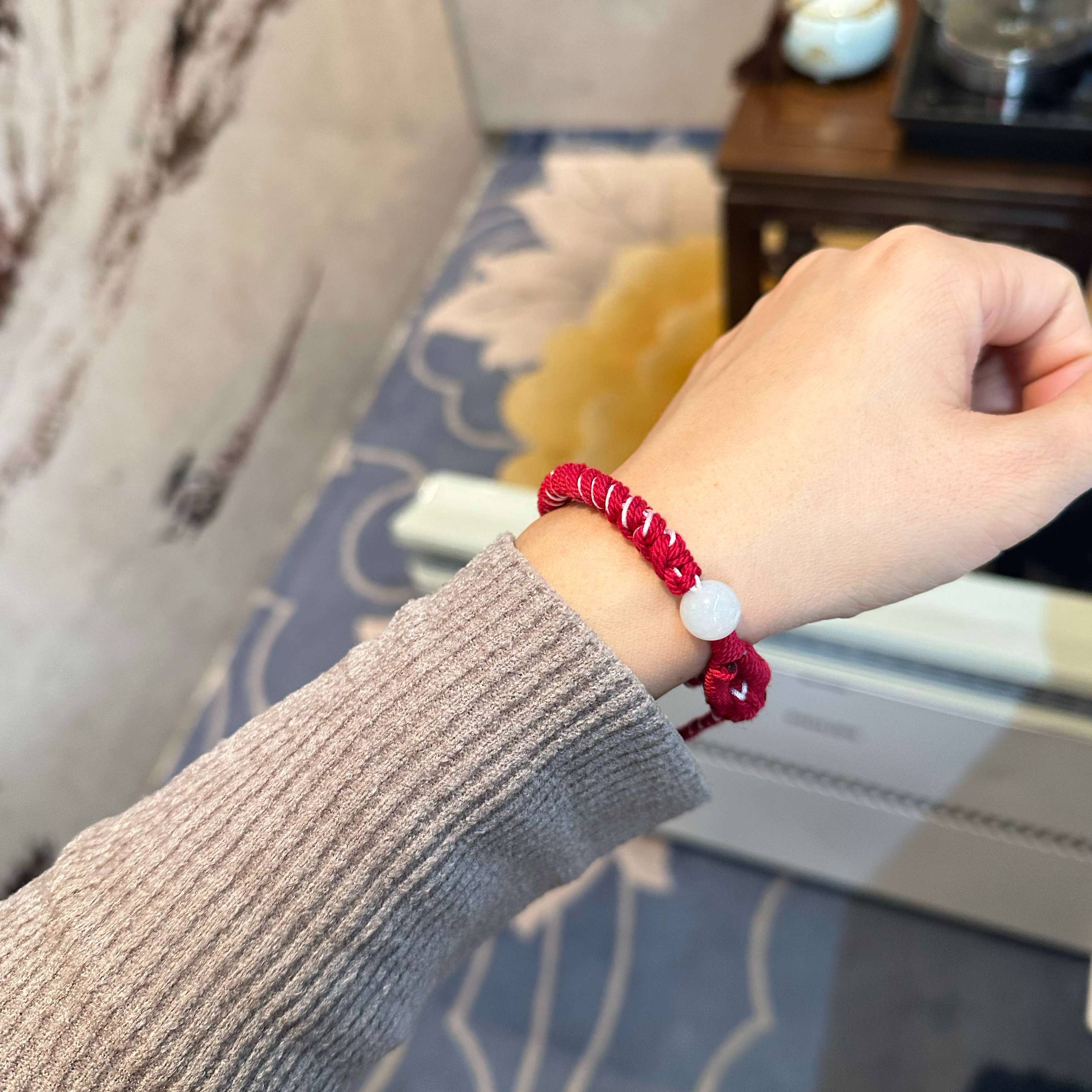 2412-z2缅料翡翠转运珠红色手串可调节手围红白经典配色百搭手绳