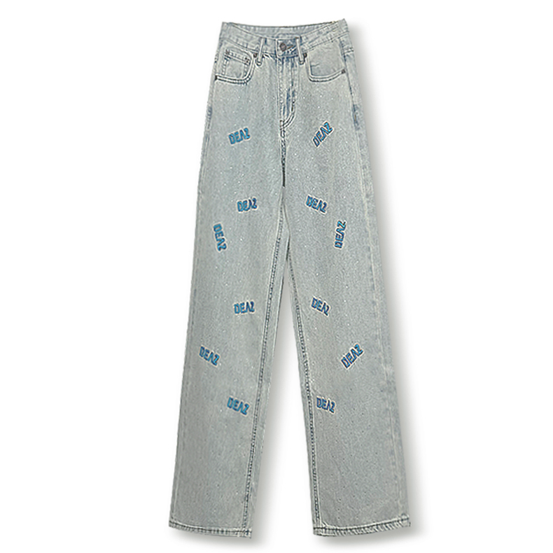 【冰哥专属】2025新设计感水洗满天星烫钻字母刺绣阔腿牛仔裤K5009