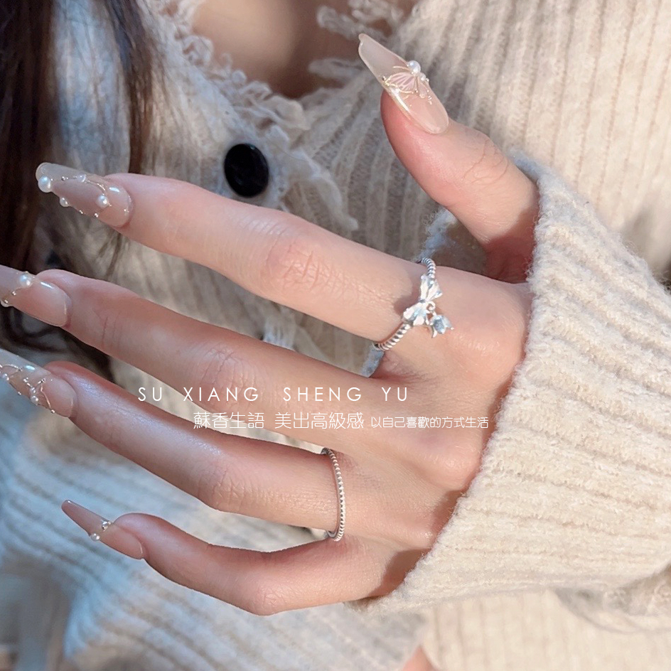 925银戒指 蝴蝶结加小铃铛开口戒指女款 轻奢韩版闺蜜指环 J-774