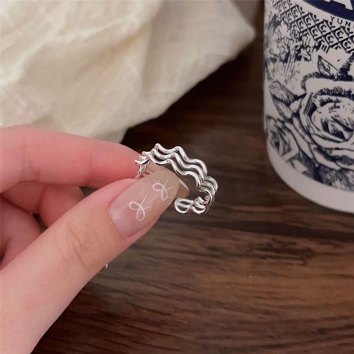 925银戒指 三层波浪纹叠戴时尚百搭韩版素款开口银戒指 J-763