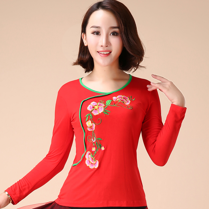 绣花长袖舞蹈衣秋冬莫代尔广场舞衣女中老年民族风跳舞练功演出服