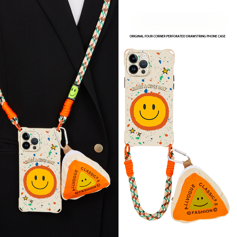 笑脸零钱卡包适用苹果15promax可爱华为P70女款斜挎挂绳手机壳