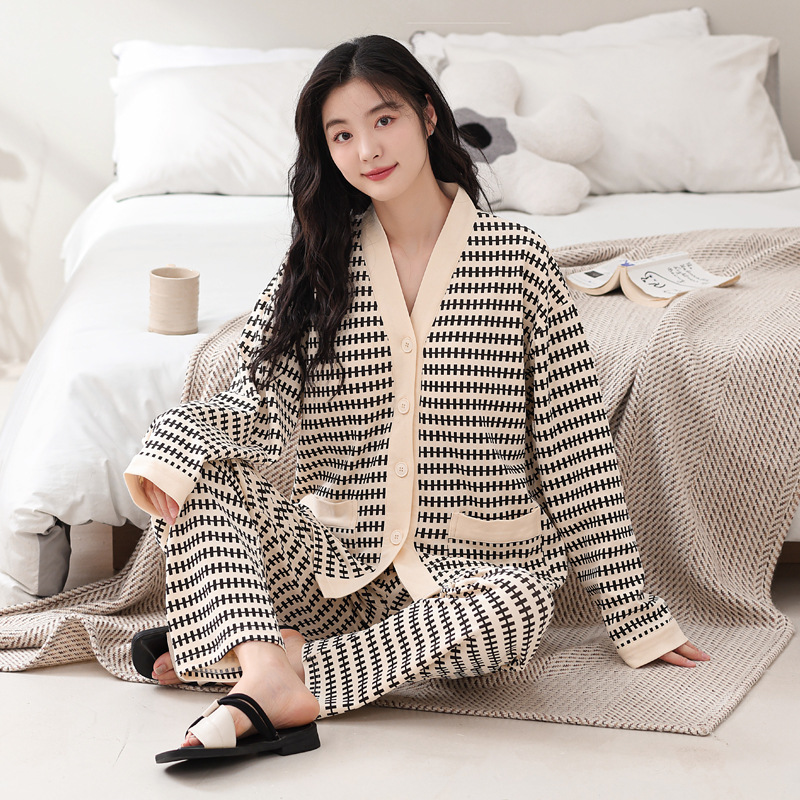 春秋女士睡衣开衫和服领长袖长裤套装防凸点可外穿家居服