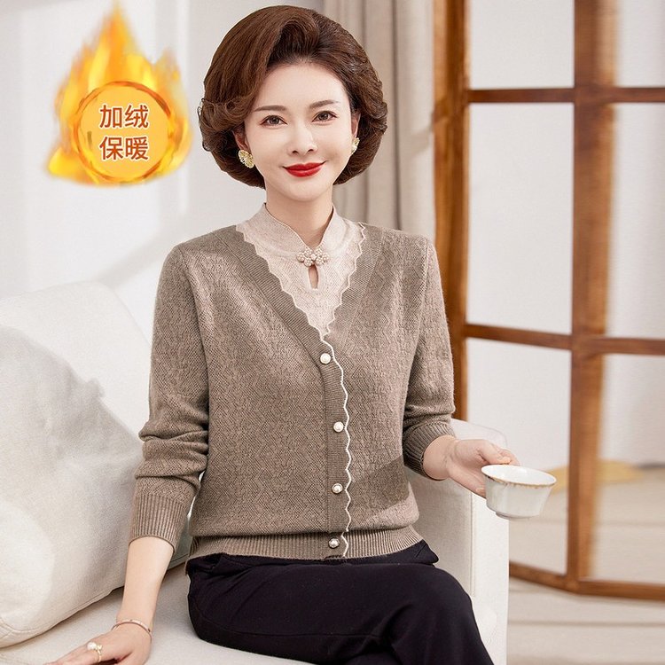 中老年女装2024年冬季新款毛衣假两件毛衣打底时尚妈妈装老年毛衣