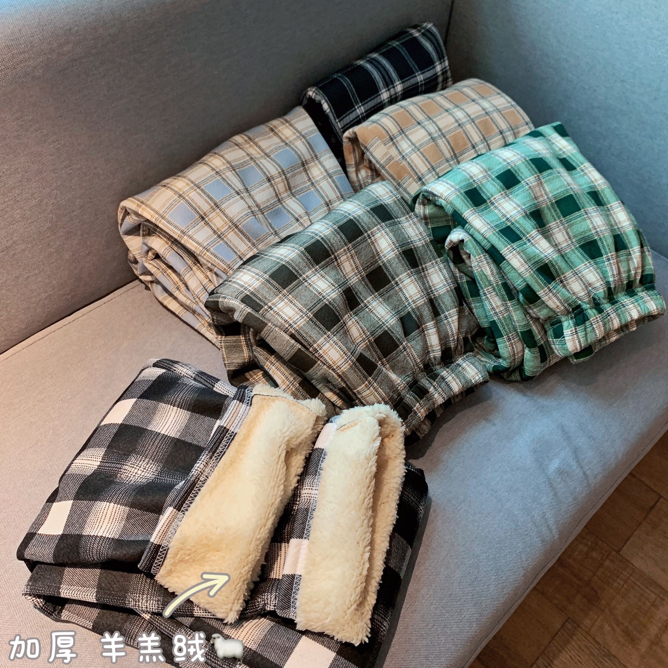 加绒加厚直筒裤冬季2025新款仿羊羔绒格子高腰保暖休闲裤子女长裤
