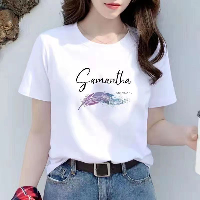 2023女款 羽毛字母图案纯棉短袖t恤时尚休闲百搭夏季宽松印花圆领