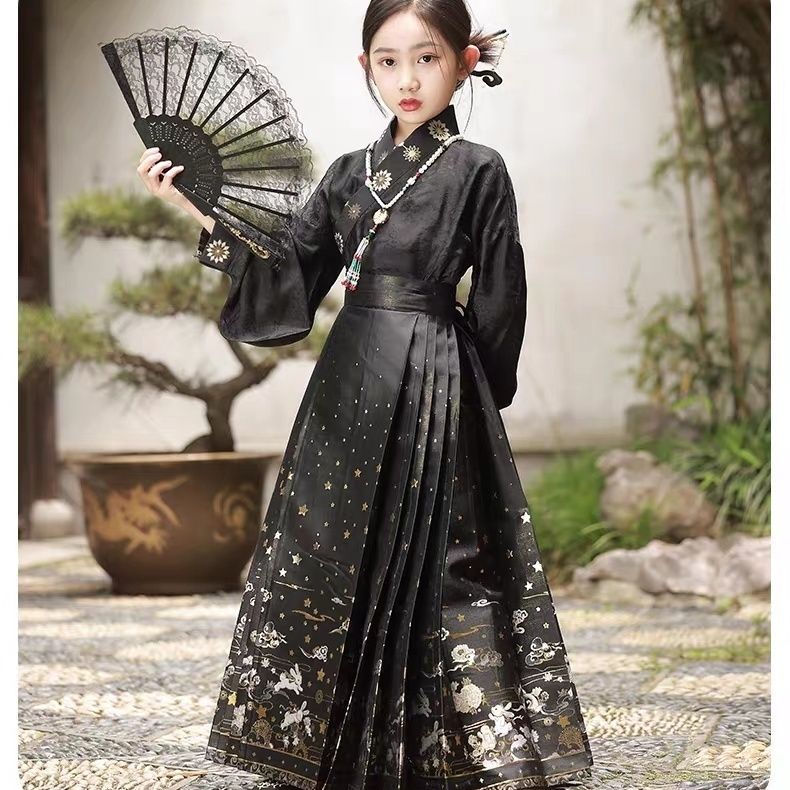 马面裙儿童夏天套装女童古装汉服黑色2023新款古风唐装半身裙大童