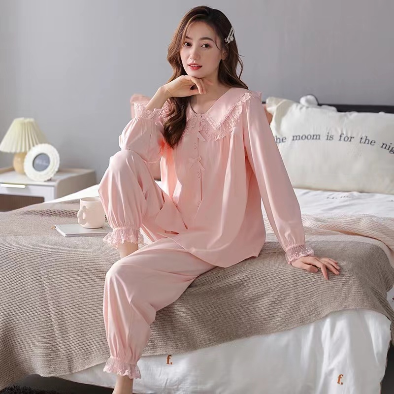 长袖女款可外出春秋蕾丝花边宫廷风家居服舒适大码甜美睡衣春秋季