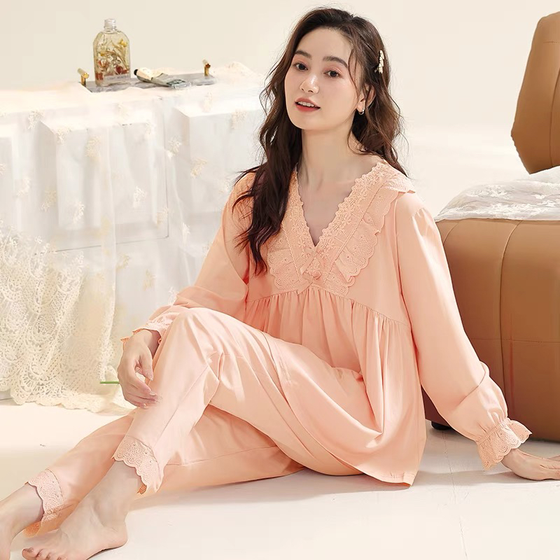 春秋款长袖女款宫廷风家居服套装大码甜美公主风秋冬法式蕾丝花边