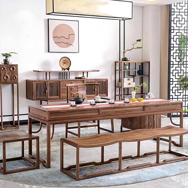 苏木轩新中式茶桌黑胡桃木禅意泡茶台实木茶桌椅组合会所茶室家具