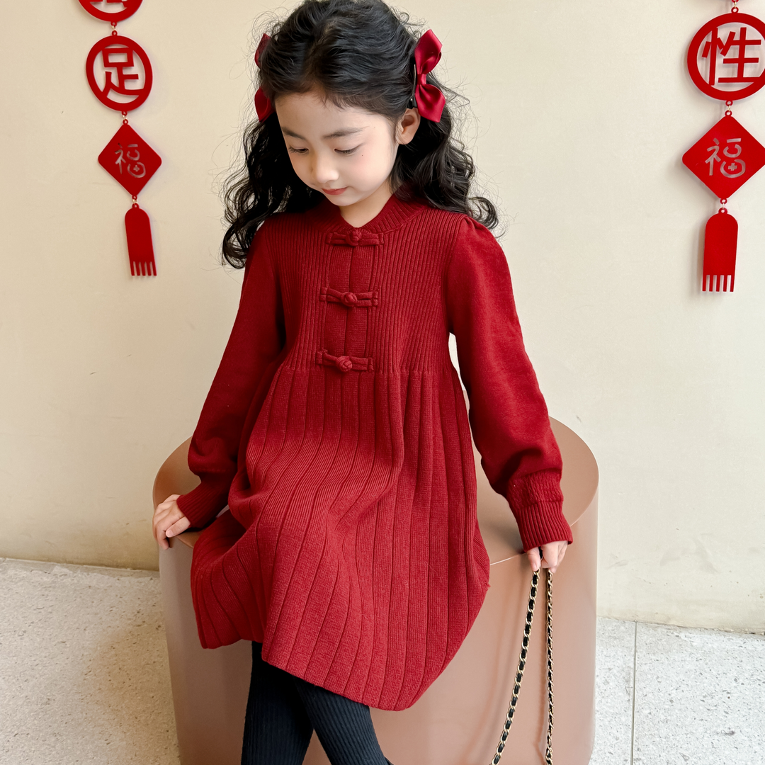 新品巴拉巴拉女童冬装年货针织衫连衣裙女宝宝红色加厚毛衣公主裙