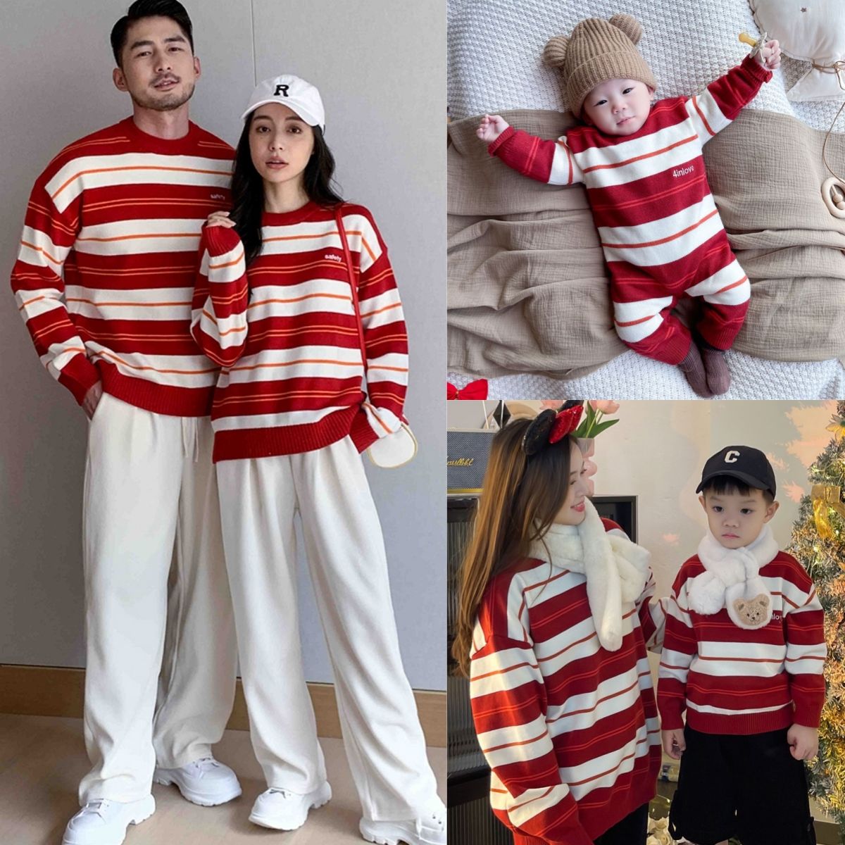 新品巴拉巴拉不一样的龙年过新年拜年衣服亲子装秋冬红色毛衣条纹