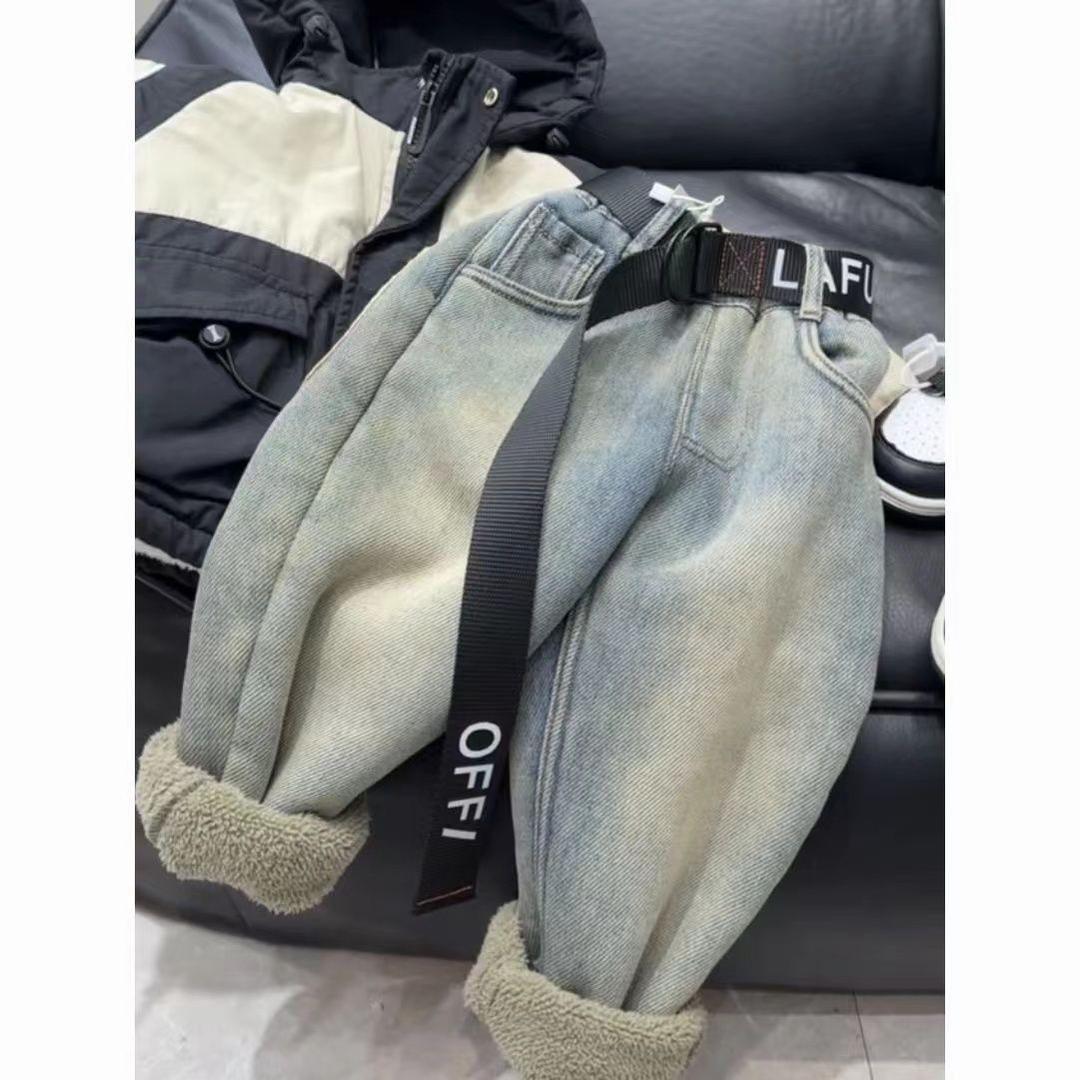 新品巴拉巴拉宝宝儿童加绒牛仔裤2024冬季新款加厚男女童卡通印花