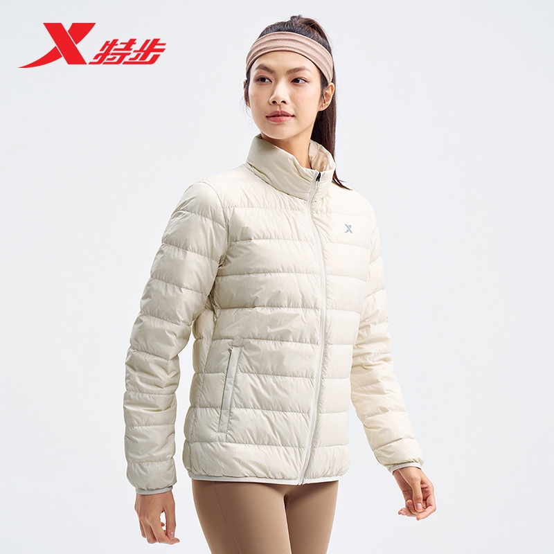 特步新款羽绒服保暖防风防寒轻薄外套女士运动短款休闲时尚立领