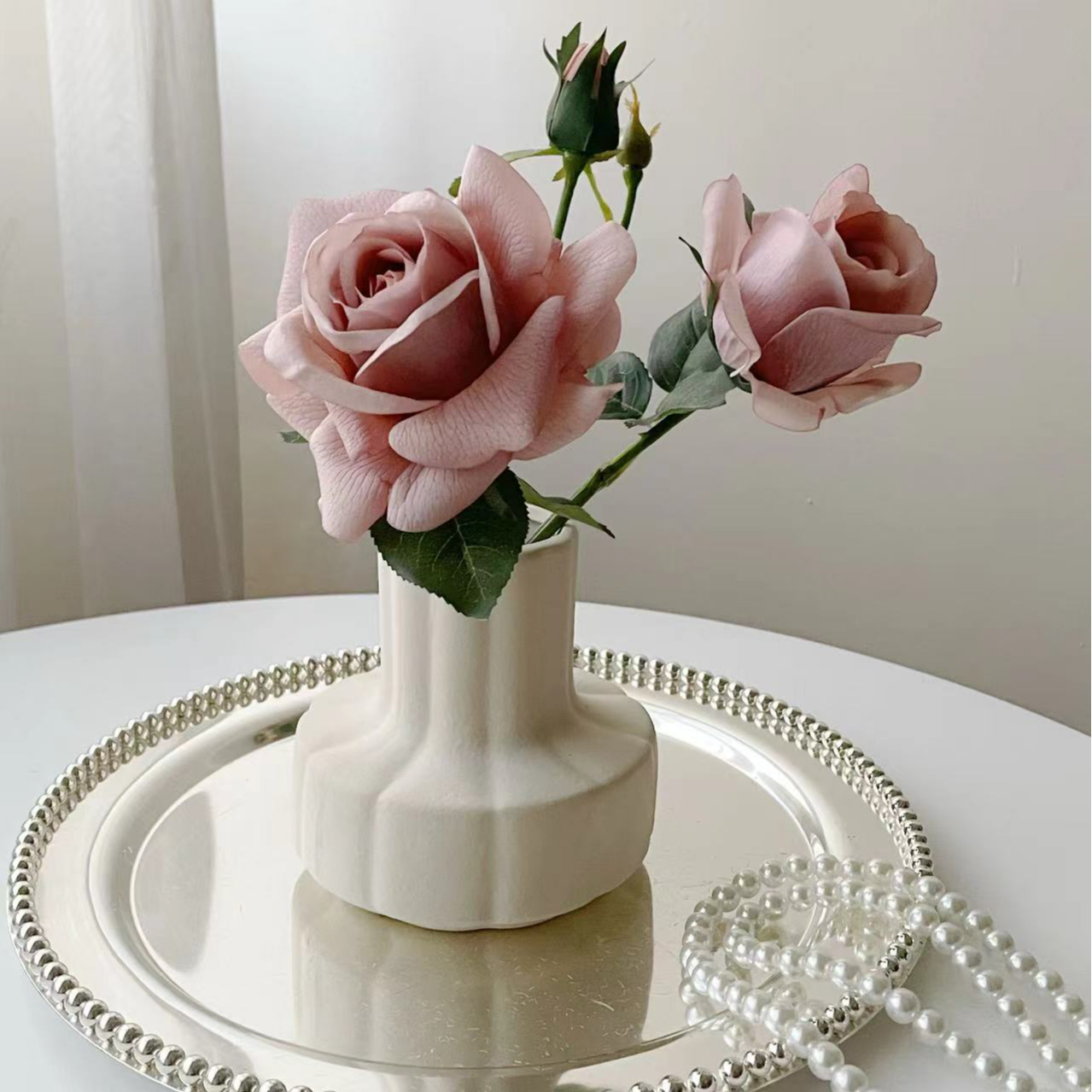花屿星河|手感保湿玫瑰仿真花客厅餐桌卧室化妆台斗柜奶油风摆件