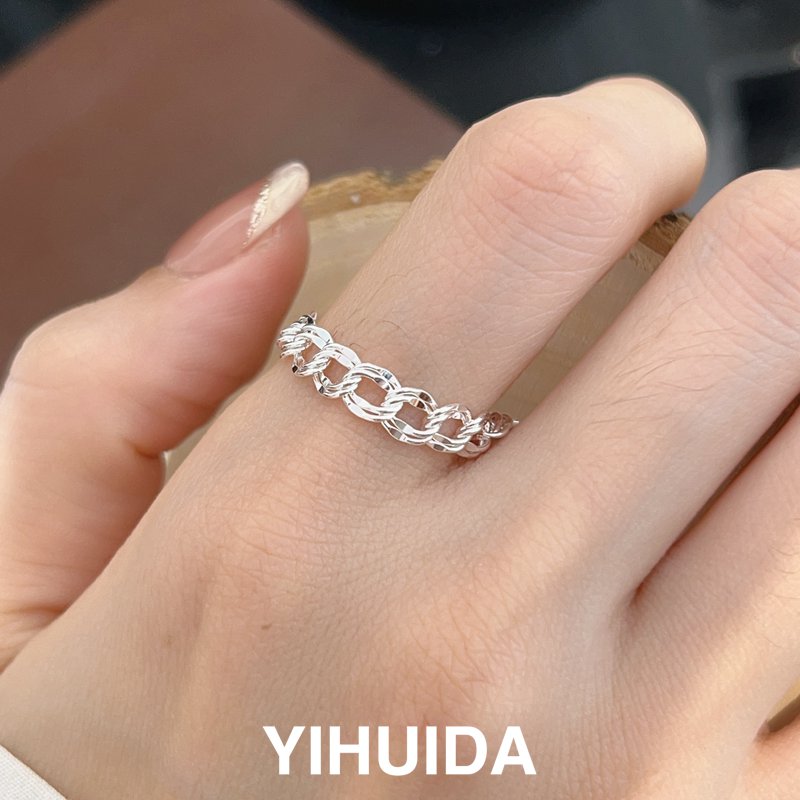 925银戒指 环环相扣链条简约百搭个性可抽拉戒指J010