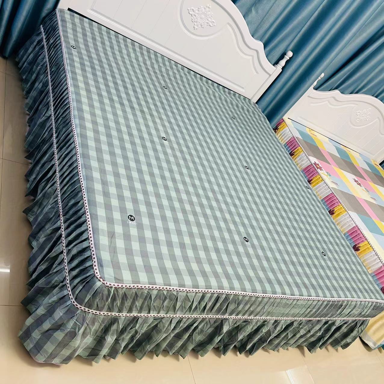 磨毛加厚床罩花边（绿色小格）防滑四季床单简约罩床大床透气床笠