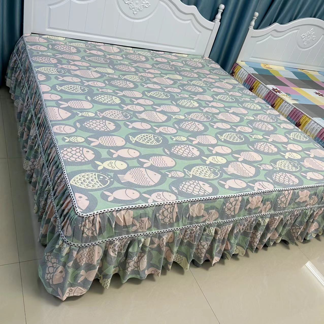 高端精品床罩（多彩小鱼）防滑加厚床单亲肤斜纹磨毛床裙床盖花边