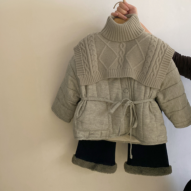 R24453韩版气质可拆卸针织围脖夹棉加厚棉服外套加绒牛仔裤套装潮