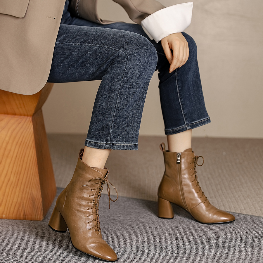 许先森2025秋冬真皮圆头粗跟短靴高跟系带马丁靴裸靴加绒女靴子