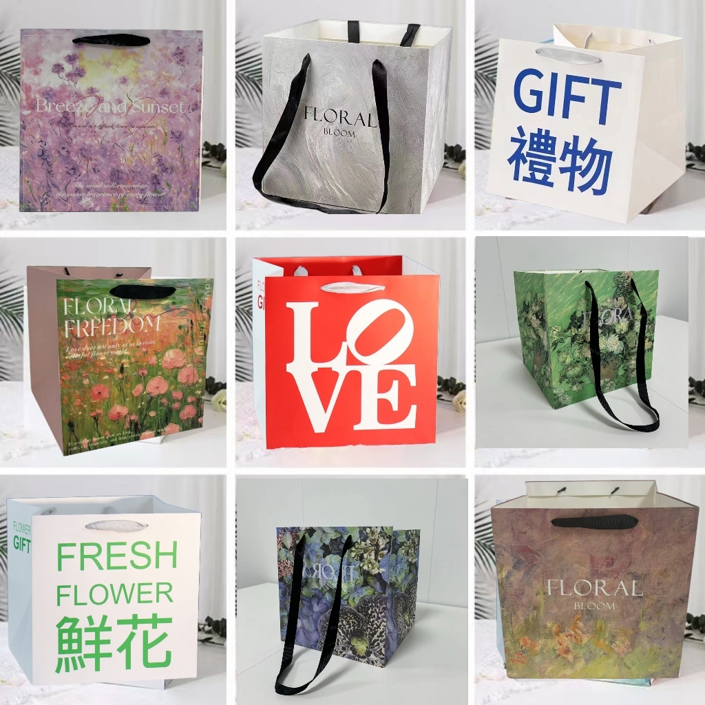 新款方形鲜花大小花束手提袋油画风简约风设计可背花艺礼品包装袋