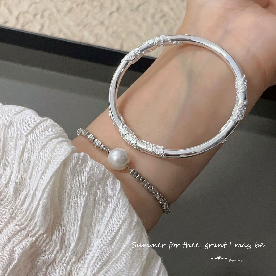 足银手镯 A74号繁花似锦闭口实心足银手镯